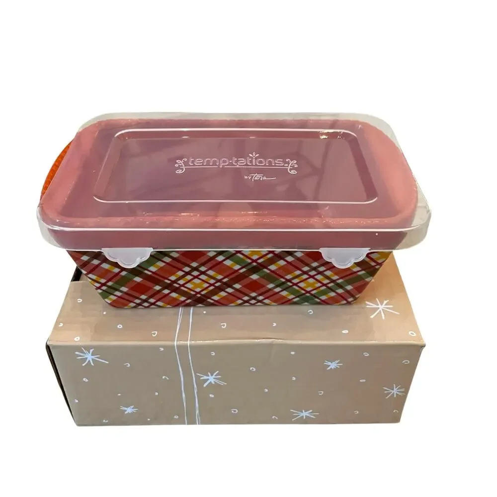Temptations by Tara Mini Ceramic Loaf Pan w/ Lid 12oz Plaid Fall Bakeware NEW